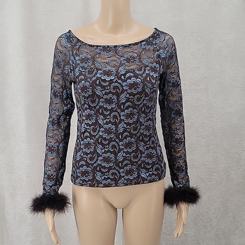 JOSEPH Ribkoff Y2K Brown and Blue Lace Scoop Neck with Feather Cuffs